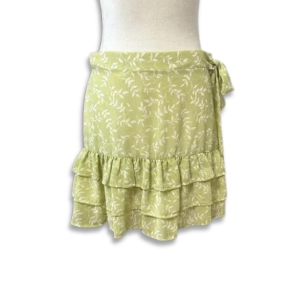 Ever After Mini Skirt Ruffled Tie Waist Zip Closure Floral Print Green W L NWOT